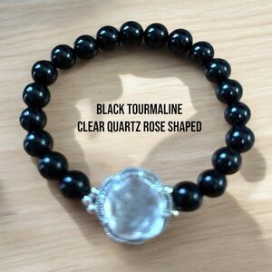 0230B Elegant Black Beaded Bracelet with Quartz Rose